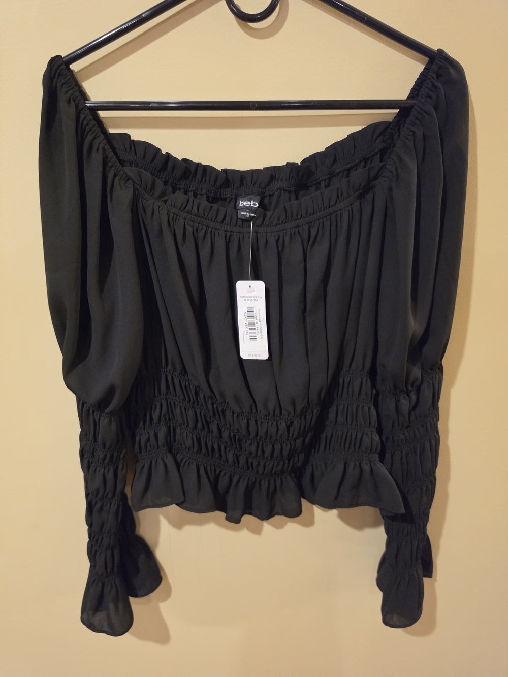 bebe Black Off-Shoulder Smocked Peasant Blouse